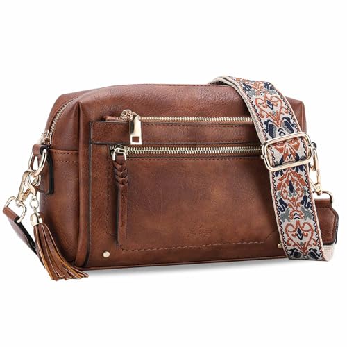 Kasgo Bolso Mujer, Bolso Bandolera Pequeño Bolso Cruzado Vegano de Cuero Bolso de Hombro con Cremallera Bolso Múltiples con Correa de Guitarra para Diario Viaje Trabajo, Marrón