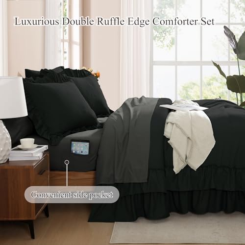 Image of King Size Comforter Set Black Ruffle 7 Pieces Farmhouse Bed in a Bag | Shabby Chic Fluffy All Season Bedding Sets with Sheets, Pillowcases & Shams