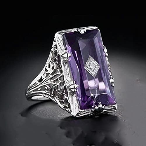 Luxury Fashion Rectangular Natural Amethyst Princess Ring in 925 Silver Openwork Square Perfect Cut Purple Gemstone Cubic Zirconia Ring CZ Eternity Engagement Wedding Ring Women's Sizes 6-10 5822