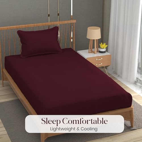 Image of FRESH FROM LOOM Anti Fade Solid Plain 240 TC Single Size Bedsheet Set with 1 Pillow Cover - Soft Fabric (Size- 60 x 90 inch | Wine| Solid)