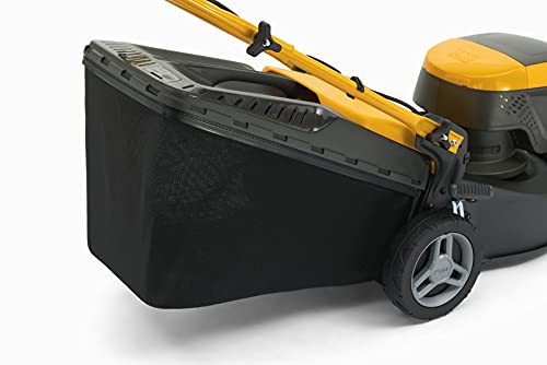 Close-up of the grass collection bag attached to the rear of the STIGA lawn mower