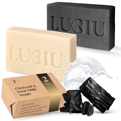 lubiu Set Saponette Artigianali (2x100g) – Sapone Nero al Carbone e Saponetta Profumata al Latte di Capra - Saponetta Corpo Mani e Viso per Tutte le Pelli - Soap