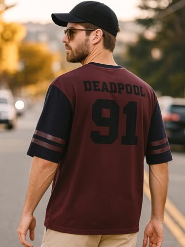 Image of Bewakoof X Marvel Deadpool Men's 100% Cotton Graphic Print Oversized Fit Half Sleeve Round Neck T-Shirt | Casual Wear | Street Wear | Oversized t Shirt for Men Cotton | Baggy