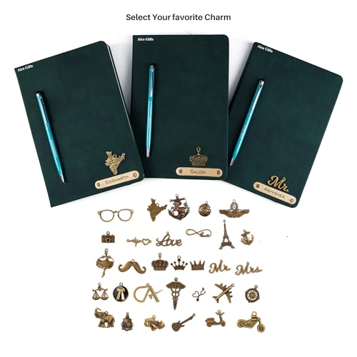 Image of AICA Personalized Name & Charm Magnetic Stick Leather (Dark Green) Diary A5 Size 180 Pages & Roller Pen | Customized Corporate Gift for Men Women | Diwali Gifts for Family and Friends | Diwali Gift