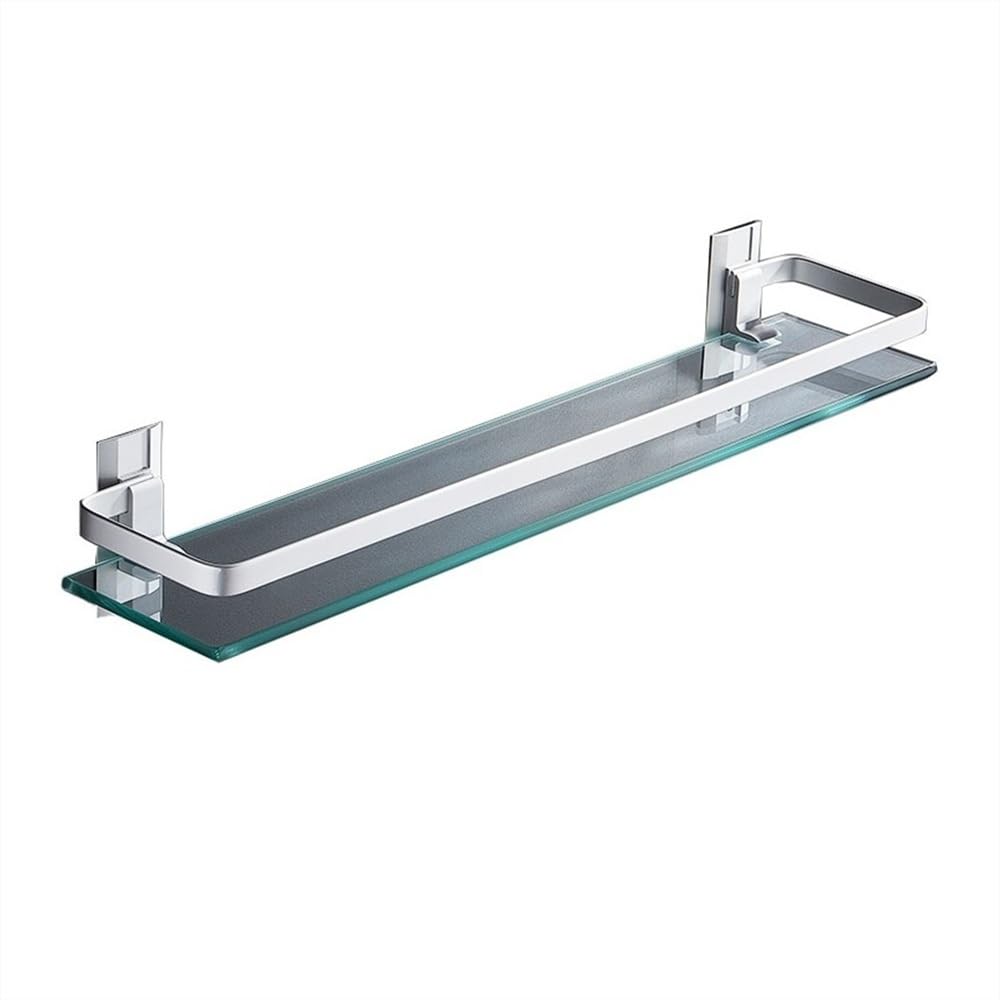 LUUYYI Estante de baño de cristal, estante de ducha de vidrio de 15.7 pulgadas con riel de aluminio, estante de ducha flotante sin taladrar, moderno estante de baño montado en la pared, estantes