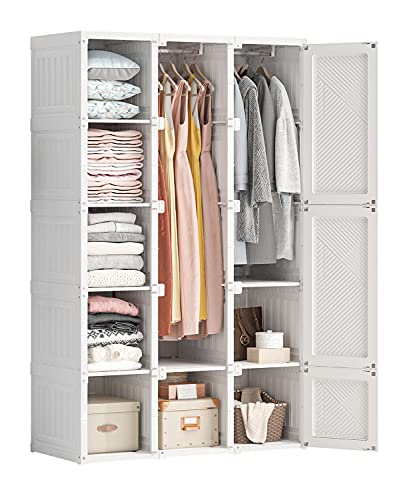 ANTBOX Portable Closet Clothes Wardrobe Plastic Bedroom Armoire 14 x20  Depth Cube Storage Organizer with Hanging Rod and Doors，15 Cubes, White