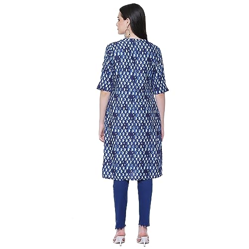 Image of Rangriti Indigo Blue Liva Straight Printed Kurta for Women