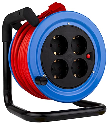 Carrete de cable para interiores azul de 15 metros con 4 enchufes REV 2