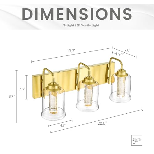 Image of zeyu 21 Inch 3 Light Bathroom Wall Light Fixtures, 18W Crystal LED Bathroom Light with 5 Color Modes, Brushed Gold Finish with Crystal Bubble and Clear Glass, ZSL72B-3W LED BG