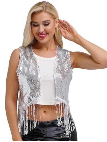 Women's Sequins Tassel Vest Open Front 70s Hippie Cardigan Sleeveless Western Cowgirl Tops2