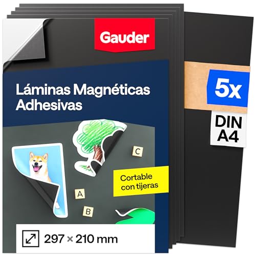 GAUDER Lámina Magnética Autoadhesiva - Hoja Imantada para Fotos, Manualidades y Carteles - Película Magnética Adhesiva para Hogar, Escuela y Oficina (5 Unidades - DIN A4-297 x 210 mm)