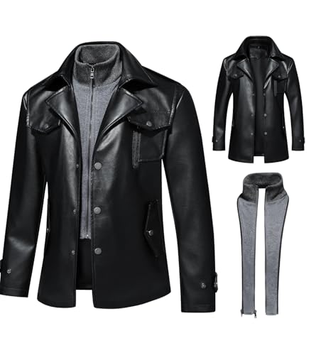 Image of INVACHI Men's Faux Leather Jacket Windbreaker Trench Coat with Detachable Collar Overcoat
