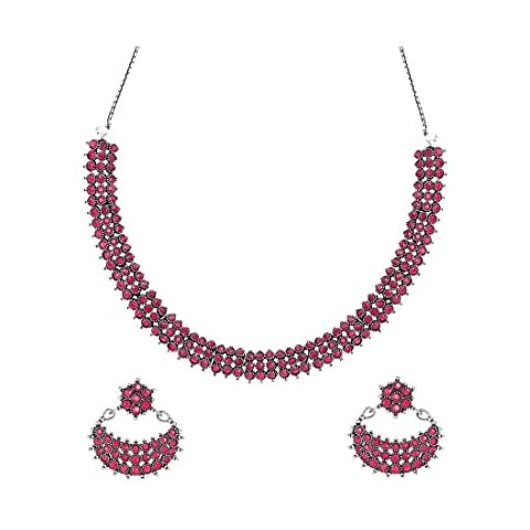 Yellow Chimes Women's Ethnic German Oxidised Pink studded stones Choker Necklace Set with Earrings Traditional Jewellery Set Pink Medium, M, Brass Cover