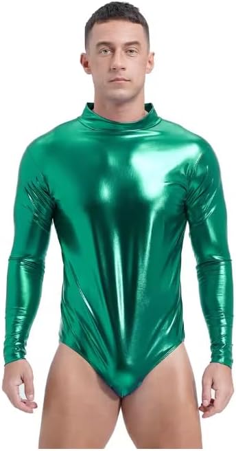 Metallic Shiny Mens Bodycon Jumpsuit Slim Fit Long Sleeve Zipper Boxer Bodysuit Costume