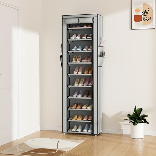 Image of ROJASOP Shoe Rack with Covers 10 Tier Large Shoe Organizer Tall Shoe Closet Storage for 20-22 Pairs Shoe and Boot, Free Standing Shoe Rack Organizer for Closet, Entryway, Bedroom, Grey
