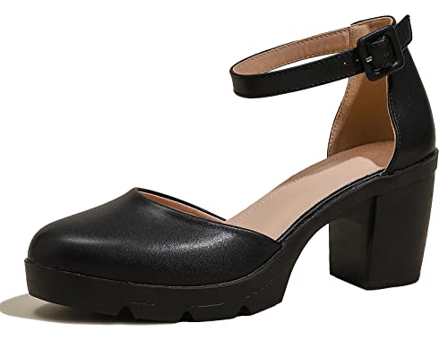DADAWEN Women's Closed Toe Low Block Chunky Heels Round Toe Ankle Strap Wedding Work Dress Pump Shoes