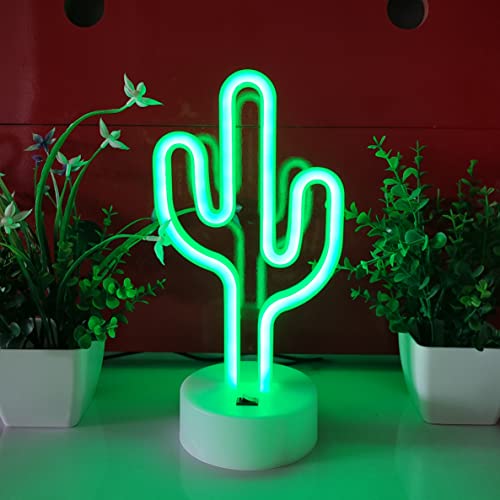 Image of JYWJ Neon Signs with Holder Base,USB or 3-AA Battery Powered Neon Light,LED Desktop Wall Decoration,Various Parties,Decoration of Business Premises(Cactus)