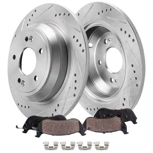 Image of Detroit Axle - Rear Brake Kit for 2010-2017 Hyundai Genesis Kia K900 Genesis G80, 2011 2012 2013 2014 2015 2016 Drilled and Slotted Disc Brake Rotors Ceramic Brakes Pads Replacement: 12.36 inch inch Rotor