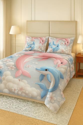 Image of King Size 7D Digital Print Bedsheet - 350 TC Cotton, Kids Friendly Design, Soft & Breathable 180 GSM Fabric, Machine Washable, Gift-Ready Packaging. (108x108 Inches). (Dolphin)