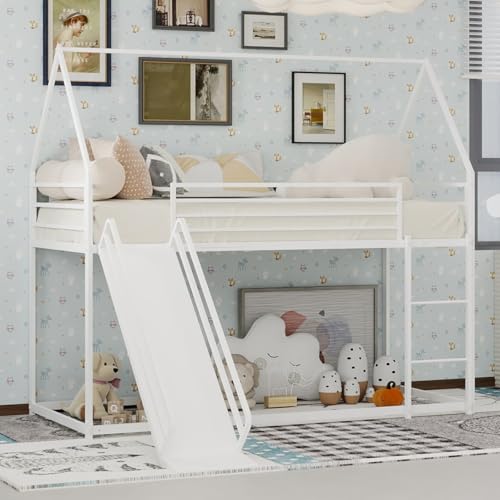 KOMHTOM Lit Mezzanine avec Toboggan, Barrières de Sécurité, échelles et Sommier à Lattes en Métal - Cadre de Lit Moderne pour Adolescents (Blanc, F)