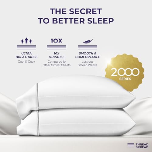 Image of THREAD SPREAD 100% Egyptian Cotton King Size Pillow Cases Set of 2 - Luxury 2000 Series Pillow Cases King Size (21 inch x 41 inch, White), Soft Cooling Envelope Closure Hotel Egyptian Cotton Pillowcases