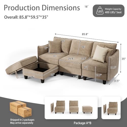 Image of Ihanherry 85.8 inch Modular Sectional L-Shaped Sofa, Modern 4-Seat Cloud Couch with Storage Ottoman, Soft Chenille Fabric Sectional Set for Living Room Bedroom Apartment, Brown