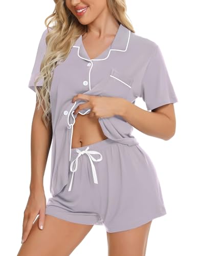 SWOMOG Women Pyjamas Set Short Sleeve Sleepwear Womens Button Down Nightwear PJ Set with Pockets Lilac