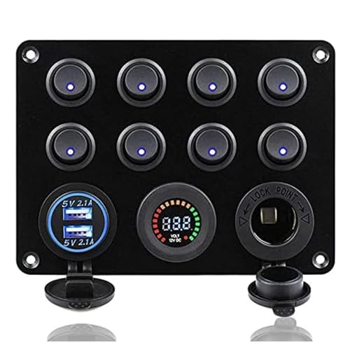 Geloo - Pannello con 8 interruttori a bilanciere, impermeabile, spie a LED blu, da 12 V, con doppio caricatore USB da 4,2 A, per barca, auto, camper