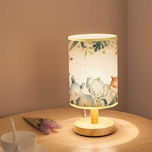 Lopyeijfg Minimalist Bedside Table Lamp Safari Animals Watercolor With Baby Elephant Lion Zebra Giraffe Wood Nightstand Desk Base Flaxen Fabric Shade For Bedroom Living Room 5.5X11Inch #TOP1