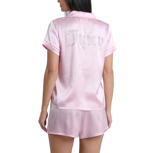 Image of Juicy Couture Women's 2 Piece Satin Notch Collar Button Down Shirt and Pajama Shorts Lounge and Sleepwear Set