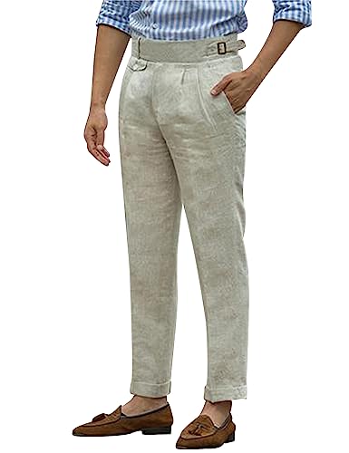 Snoly Men's Summer Retro Lightweight Linen Gurkha Trousers Tapered Leg Straight Flat Front Chino Pant