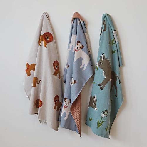 Image of Creative Co-Op Cotton Knit Baby Blanket with Lions, 40 inch L x 32 inch W