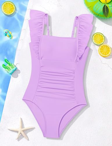 NECIOUS Girls Swimsuit Ruffle Adjustable Straps One Piece Bathing Suit Solid Color Ruched Girls' Swimwear 9-16Y4