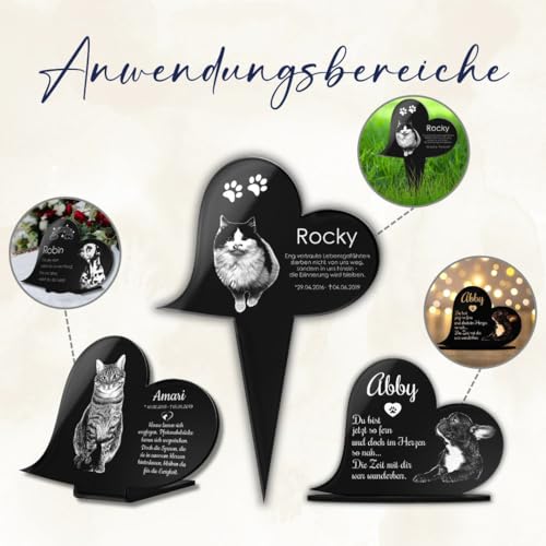 Gedenkstandbild Gedenktafel mit Gravur Fotogravur Grabstein Tiere | Herz liegend in 2 Größen Grabschmuck graviert für Haustiere wie Hund Katze & Co. Grabplatte | Im Kerzenschein schön leuchtend
