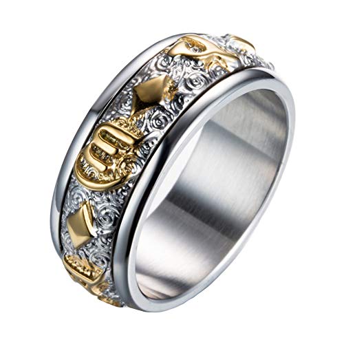 PAMTIER Hombres Acero Inoxidable Budista Seis Palabras Escrituras Anillo Giratorio Plata Oro Talla 17 Cover