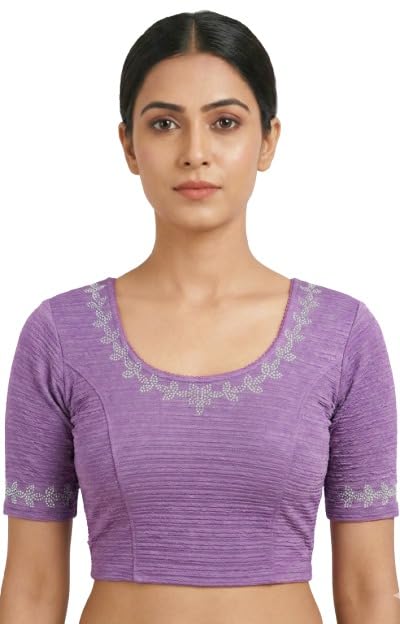lady bloom Women’s Stretchable Lycra Blouse | Readymade Designer Saree Blouse with Embroidery Work | Round Neck Half Sleeve Fitted Blouse for Women-picture-17