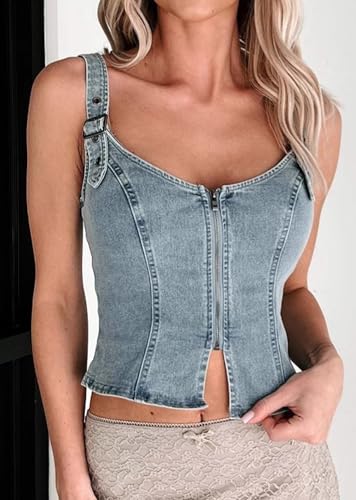 Jean Vest for Women Zipper Sleeveless Halter Crop Top Adjustable Strap Denim Tank Tops Y2k Slim Fit Zip Up Jacket2