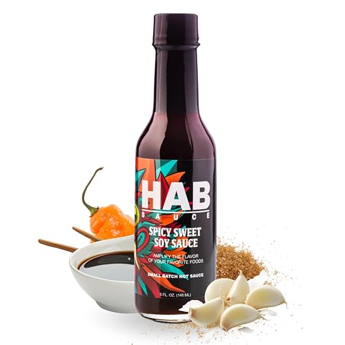 HAB Sauce Spicy Sweet Soy Sauce, 5 OZ Bottle (2 Pack) | Medium Heat Chili Soy Glaze with Brown Sugar, Garlic & Lime | Vegan Umami Hot Sauce for Marinades, Dips, Stir Fries | World Award Winning Label by Kujo Rock
