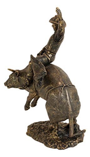 Ebros Rustic Western Rodeo Bull Rider Cowboy On Rearing Angry Bull Statue 10" Tall Faux Bronze Resin Old World Wild West Cattle Bull Riding Cowboys Themed Accent Figurine #TOP3