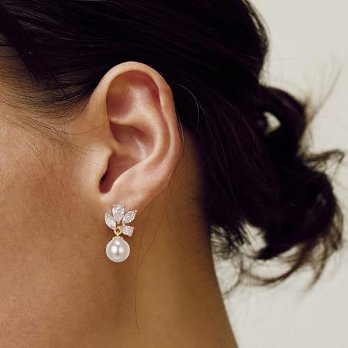 Crysdue Simulated Pearl Earring for Brides Bridesmaid, Cubic Zirconia Fashion Floral Stud Earrings for Wedding Prom Pageant2