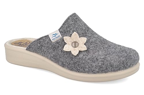 Fly Flot Zapatillas de mujer de Fieltro con Flor, Zapatillas de Mujer con Parte Superior de Pet Reciclado y Plantilla de Paño, Gris, 40, gris, 40 EU