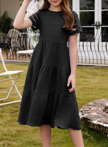 blibean Girls Embroidery Short Sleeve Textured Dresses Size 6-15 Years4