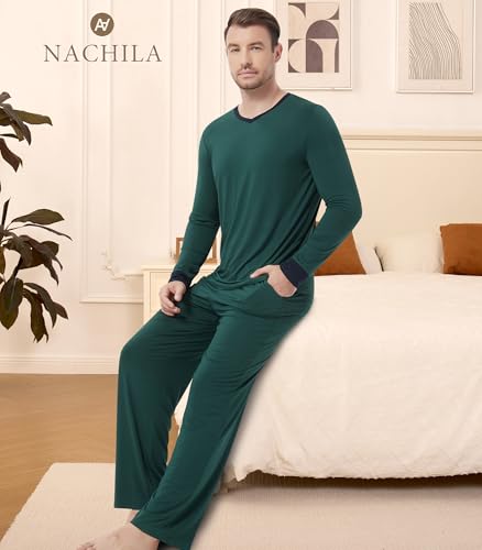 Image of NACHILA Pajamas for Men-Viscose Made from Bamboo, Long Sleeve Pajamas Set Comfy Sleepwear Pants Soft V Neck Pjs with Pockets