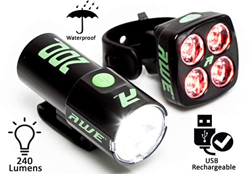 AWE 200Blitz USB Rechargeable Kit d'éclairage Avant et arrière de vélo, Super Bright 240 Lumens, IPX4 Etanche