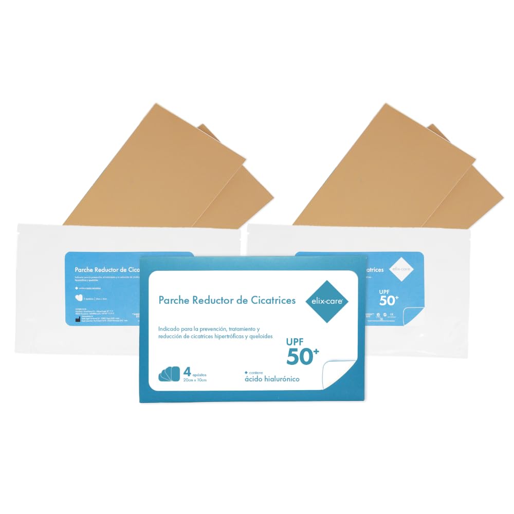 Narbenpflaster mit Hyaluronsäure elix·care [4 große Pflaster 20x10 cm, zuschneidbar] Vorbeugung von Keloiden Pflaster für Narben nach Schönheitsoperation, Kaiserschnitt, Schilddrüse Sonnenschutz UPF50