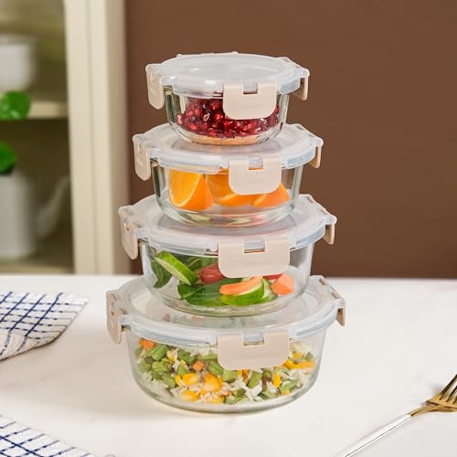Nestasia Nestro Airtight Glass Containers with Lid Set of 4 (215ml, 400ml, 600ml, 950ml) | Spill Proof Round Glass Containers with Break Free Lock - Microwave, Dishwasher & Freezer Safe (Beige)