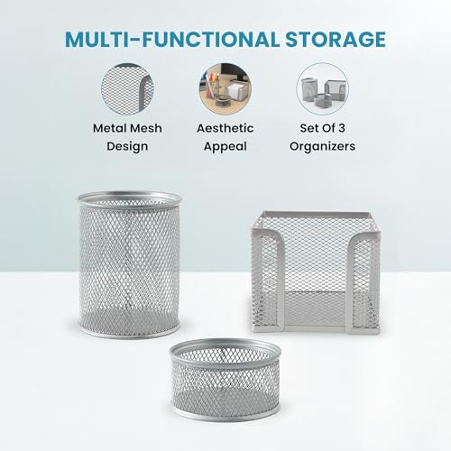Image of The Better Home Set of 3 Desk Organizers | Metal Mesh Design | Pen Pencil Brush & Clip Holders | Multipurpose Office Supplies Organizer | Table Organizer for Desk | Silver