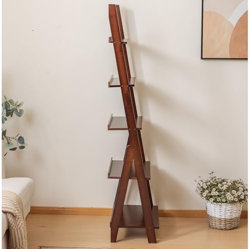 Maydear-Bamboo-Ladder-Shelf-Bookcase-5-Tier-Leaning-Bookshelf-Free-Standing-Organizer-Storage-Shelves-for-Living-Room-Bedroom-Kitchen-Home-Office-Balcony-Dark-Walnut