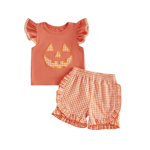 RSRZRCJ Halloween Outfit Toddler Baby Girl Pumpkin Face Ruffle Sleeveless Shirt Tank Top+ Plaid Shorts Set (Orange 2-3T)