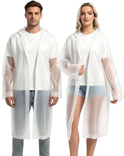 Borogo Rain Ponchos for Adults Reusable 2Pcs Raincoats Emergency Survival With Hoods And Sleeves for Women Men White